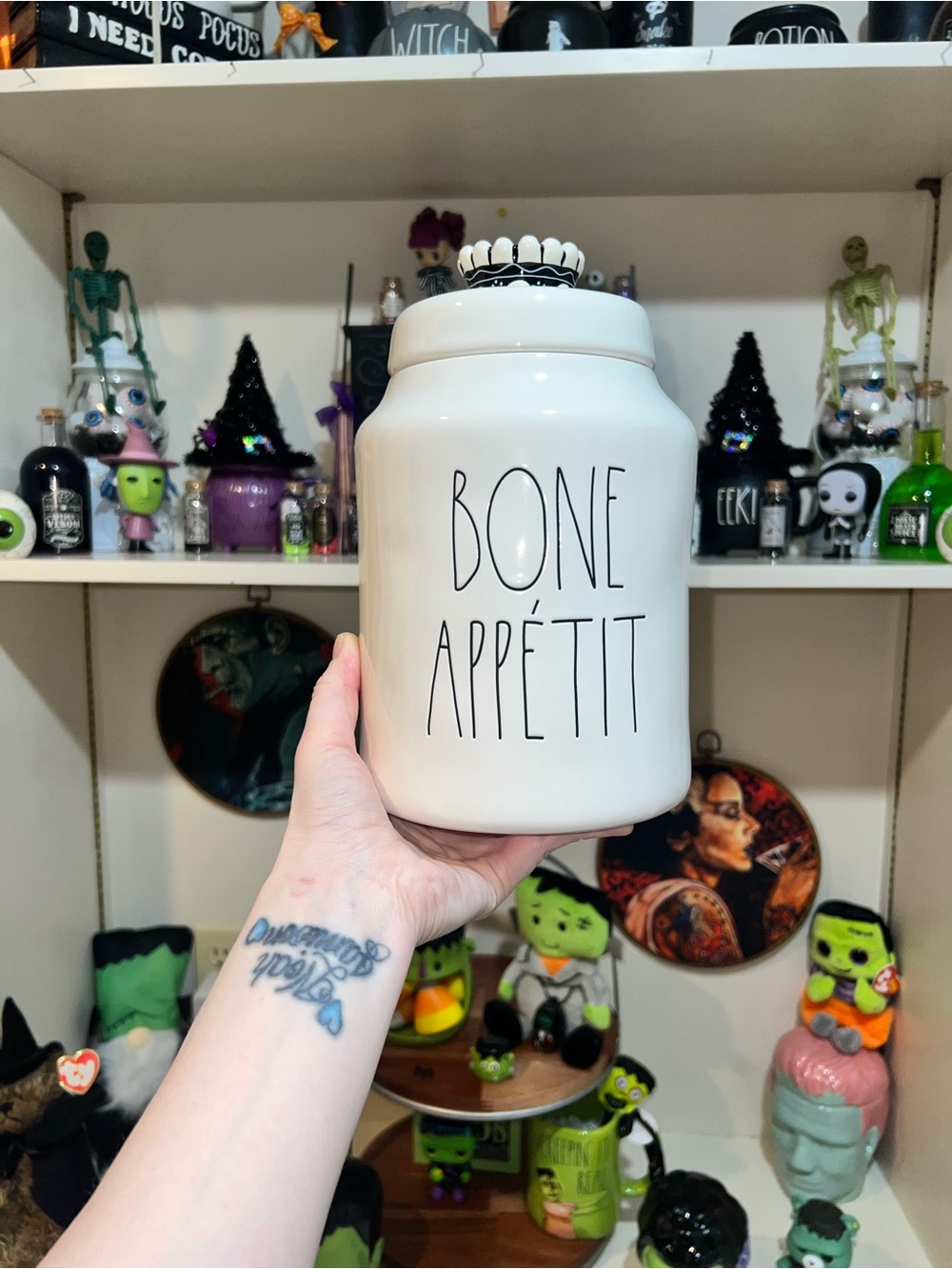 Rae Dunn Magenta Halloween "BONE APPÉTIT" Canister & Crown Lid